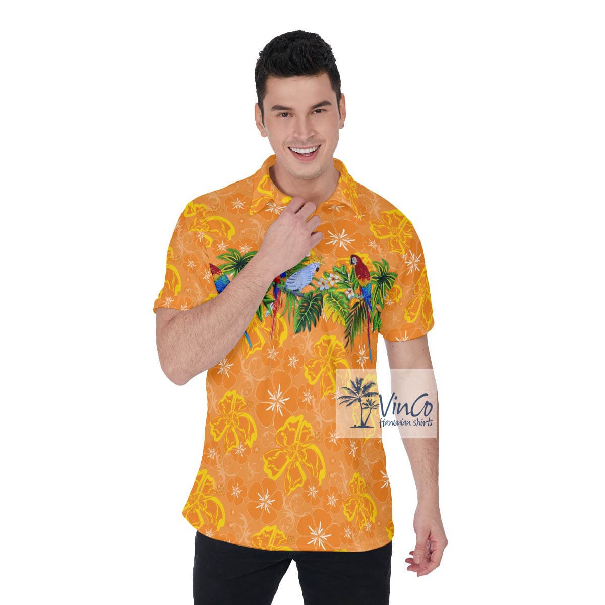 Colorful Parrot Floral Orange Hawaiian Polo Shirt