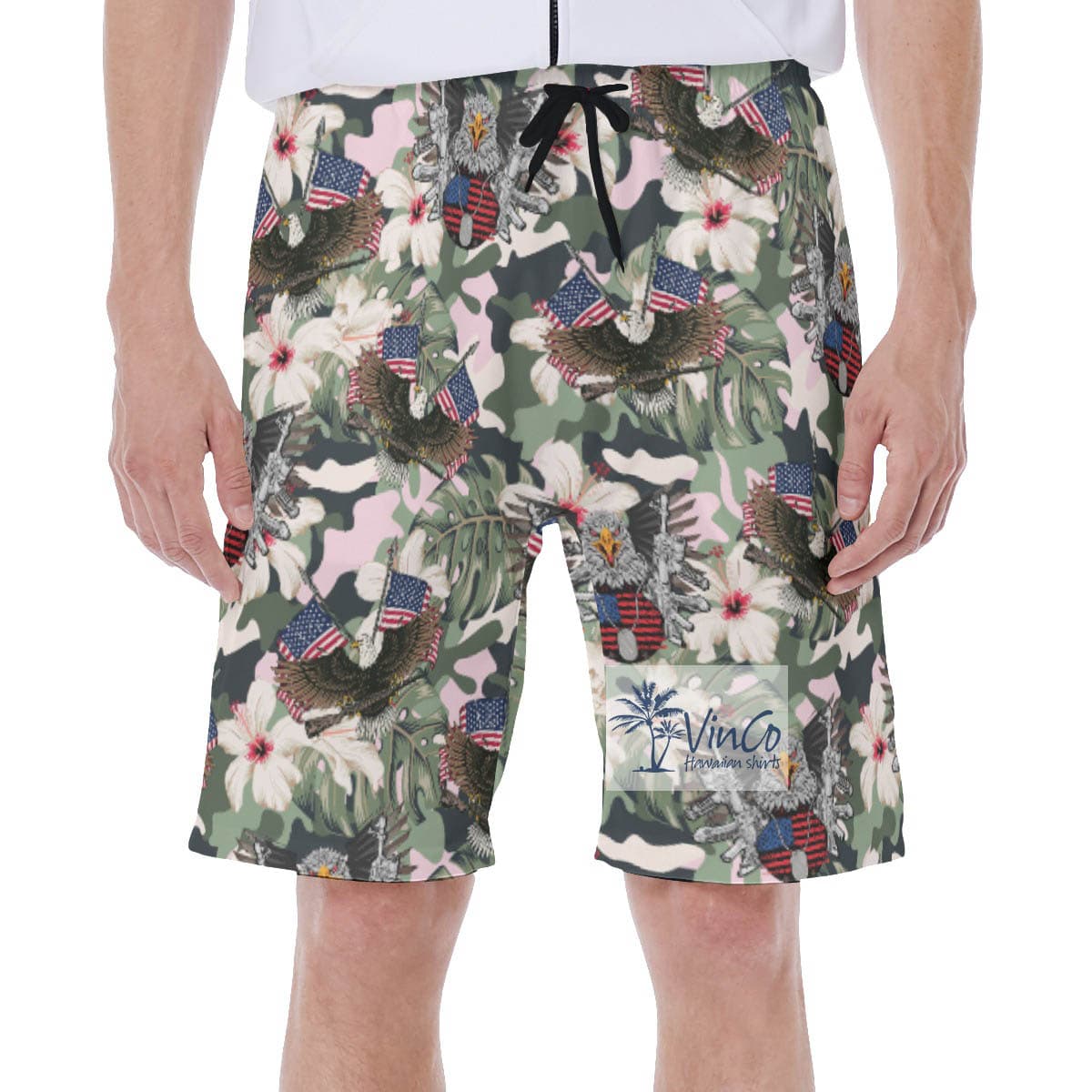 Cool American Eagle Gun Floral Army Hawaiian Swimwear For Men