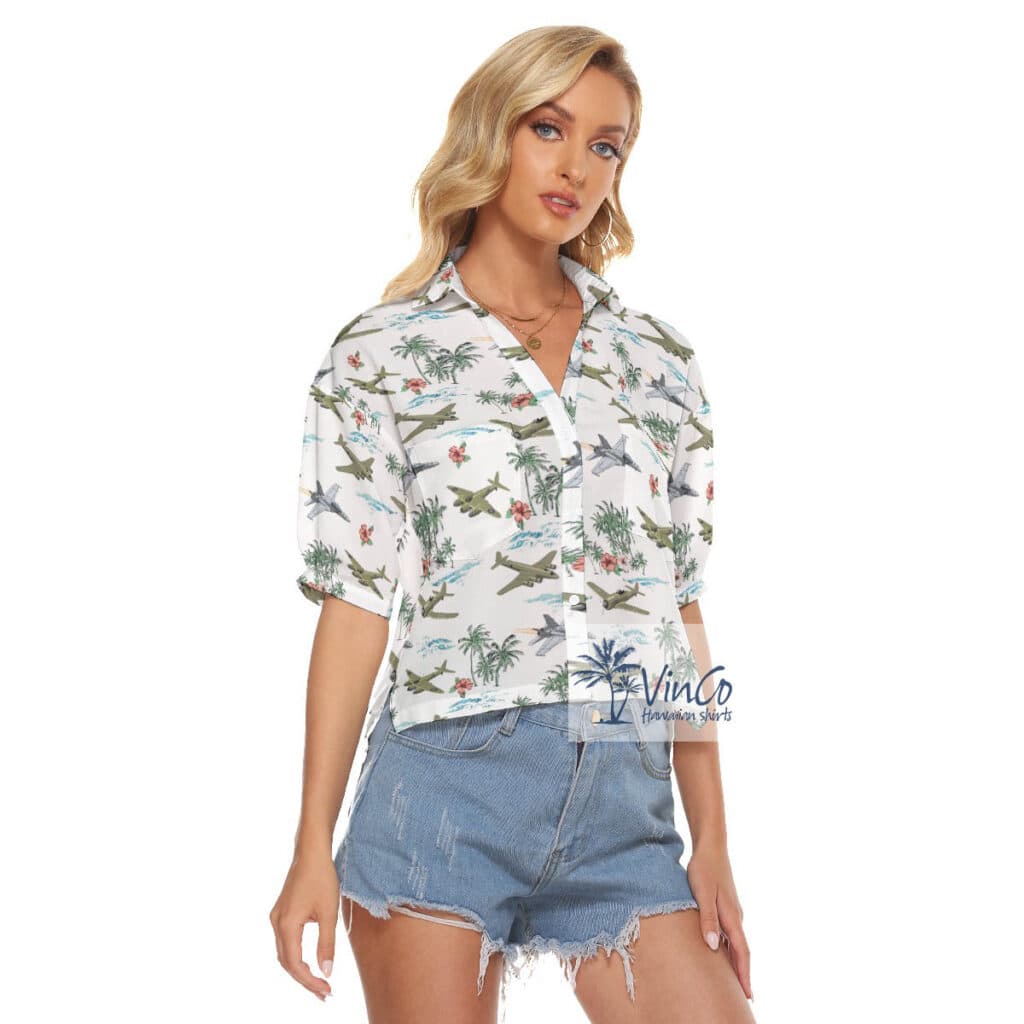 Cool Bomber Airplanes Hibiscus Hawaiian Crop Top Shirt