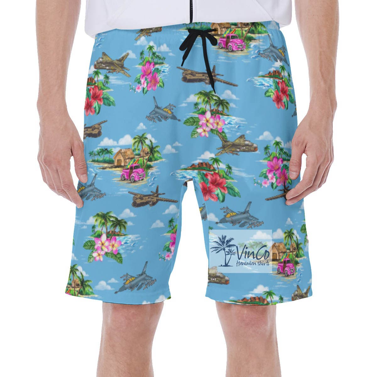 Cool Bomber Plane Tropical Blue Hawaiian Swimming Trunks For Men