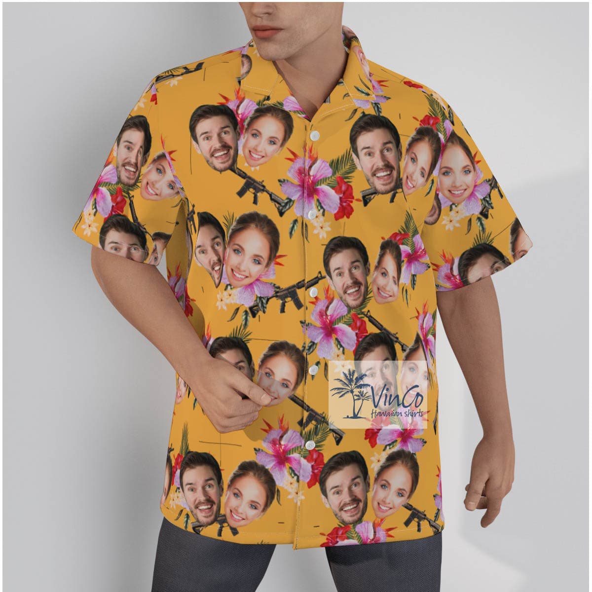 Cool Custom Gun Yellow Hawaiian Shirt With Multiple Faces
