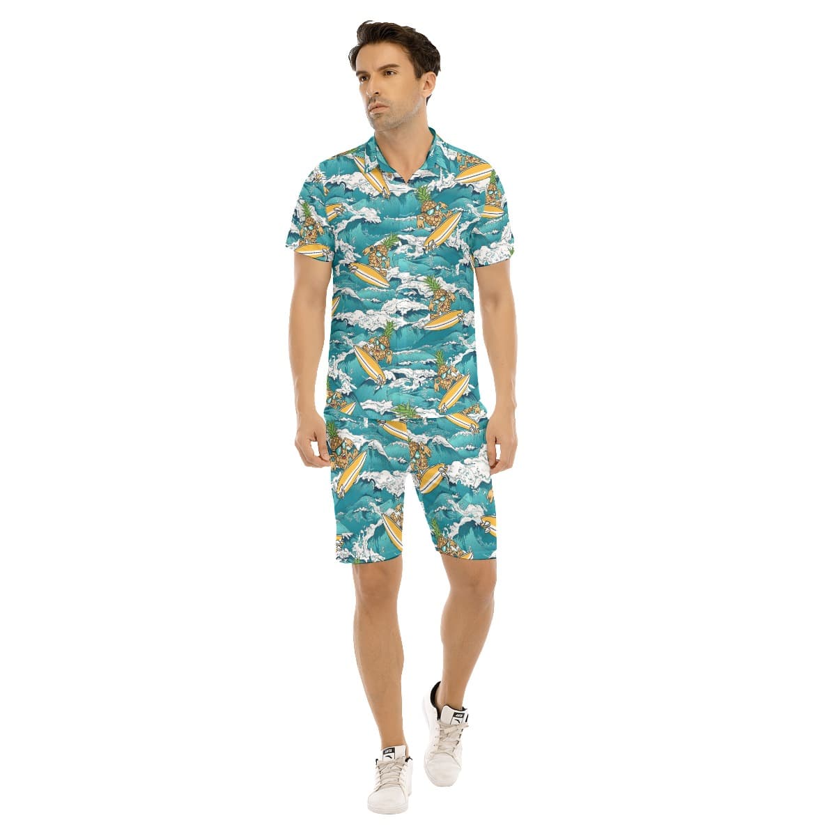 Cool Pineapple Wave Surfing Blue Hawaiian Shirt And Matching Shorts For Men (1)