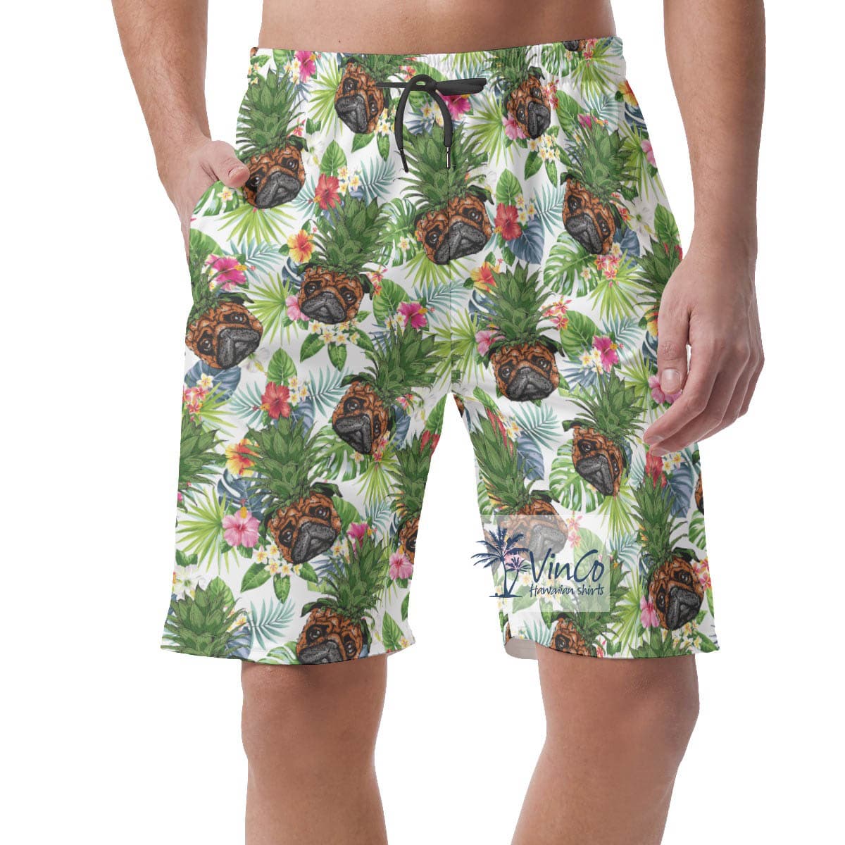 Cool Pug Dog Pineapple Summer Hawaiian Beach Shorts For Men