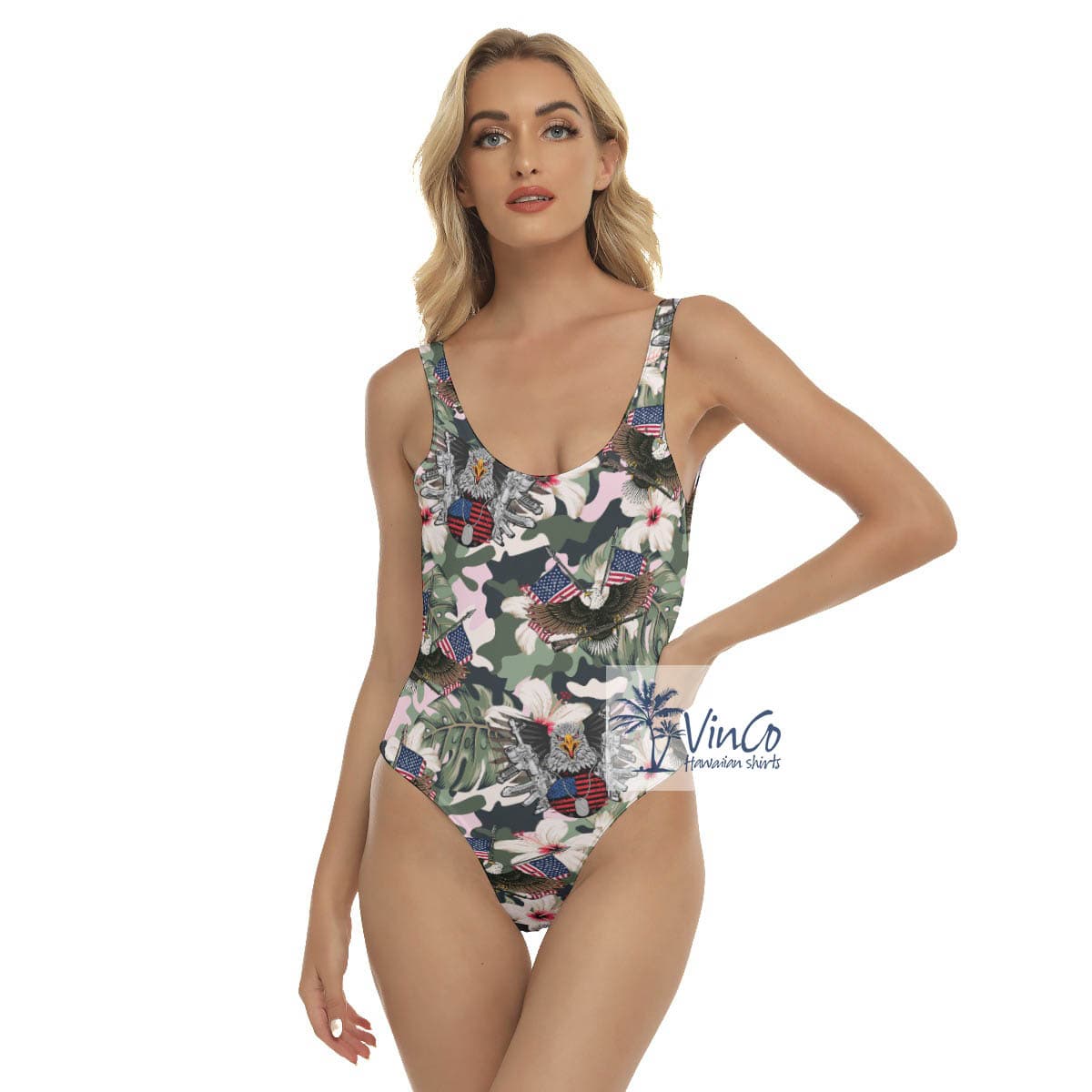 Cool Tactical American Eagle Camo Hibiscus Hawaiian Swimsuit For Women