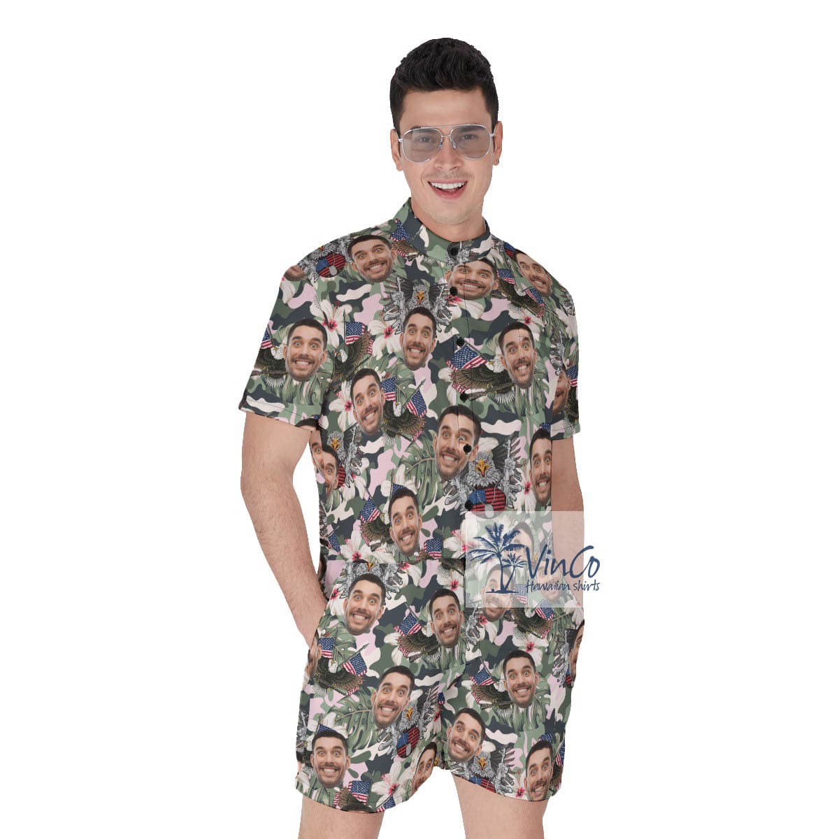 Cool Tactical Custom Face Hawaiian Romper American Eagle With Gun