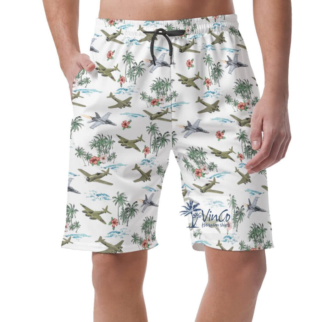 Cool Tropical Bomber Planes Hawaiian Beach Shorts For Men