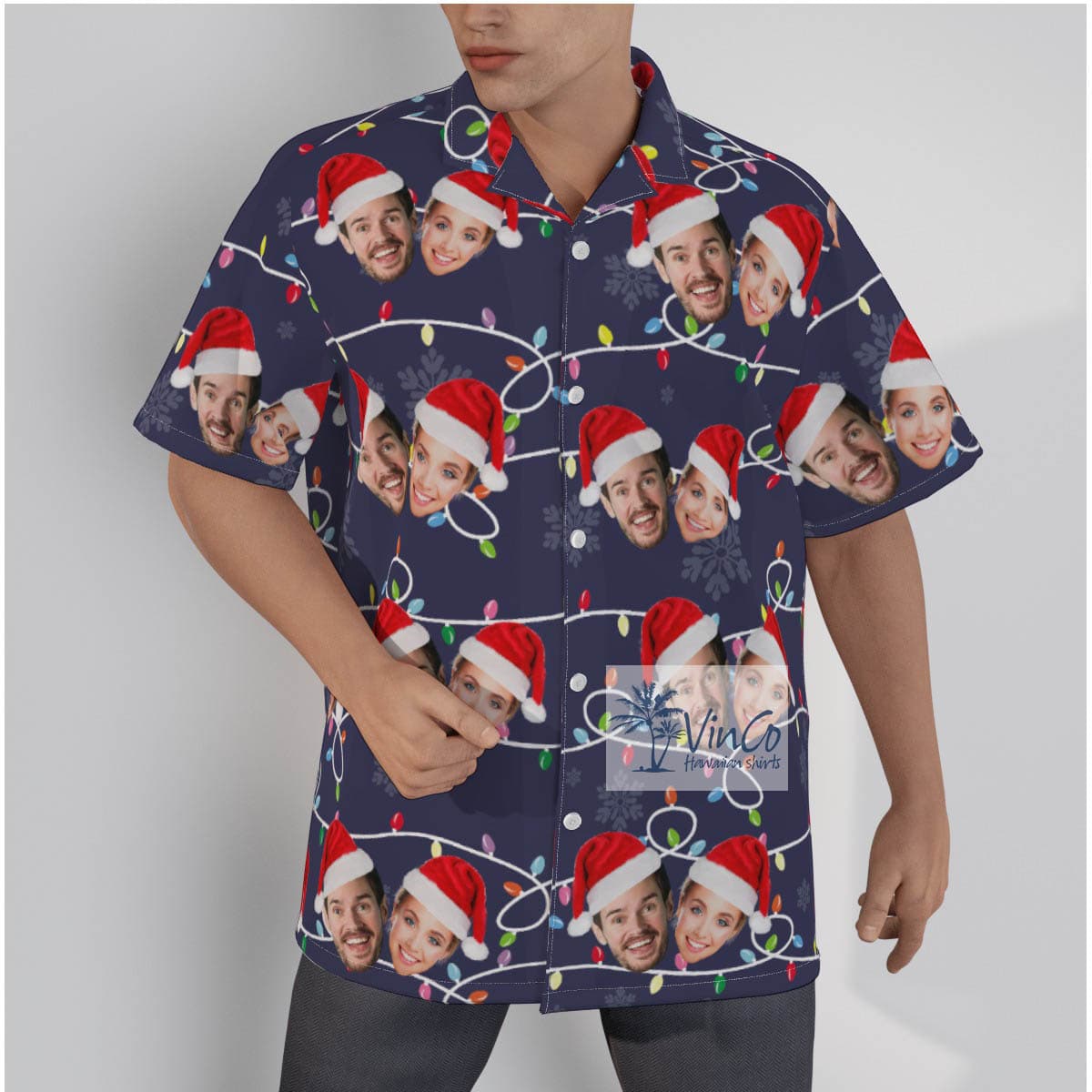 Custom 2 Faces Christmas Hat Xmas Button Up Shirt For Men (2)