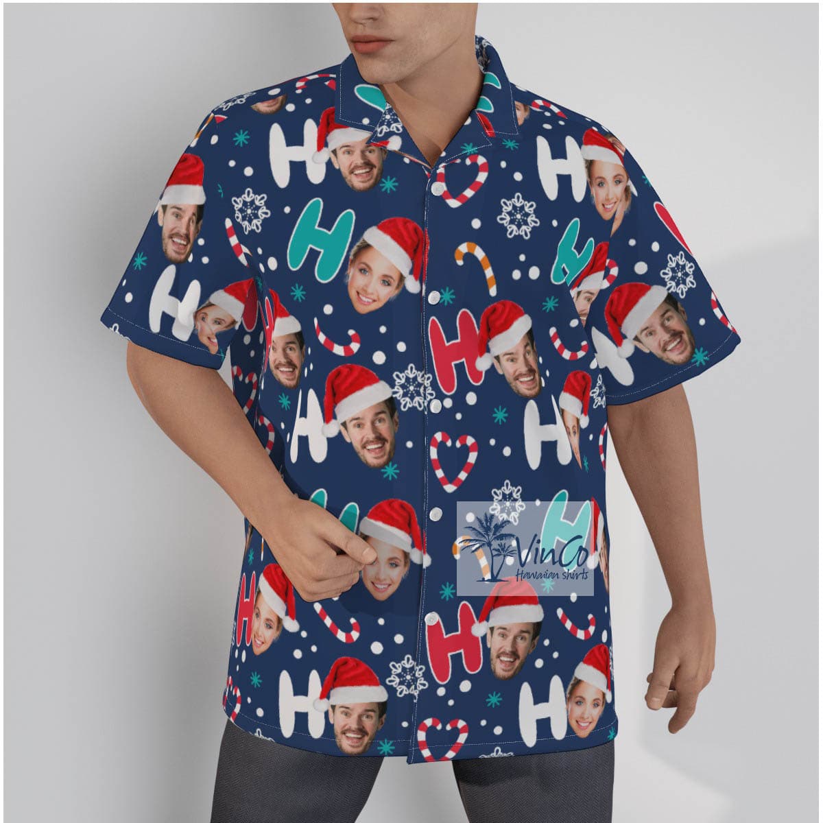 Custom 2 Faces Couple Christmas Hat HO HO HO Xmas Hawaiian Shirt (2)