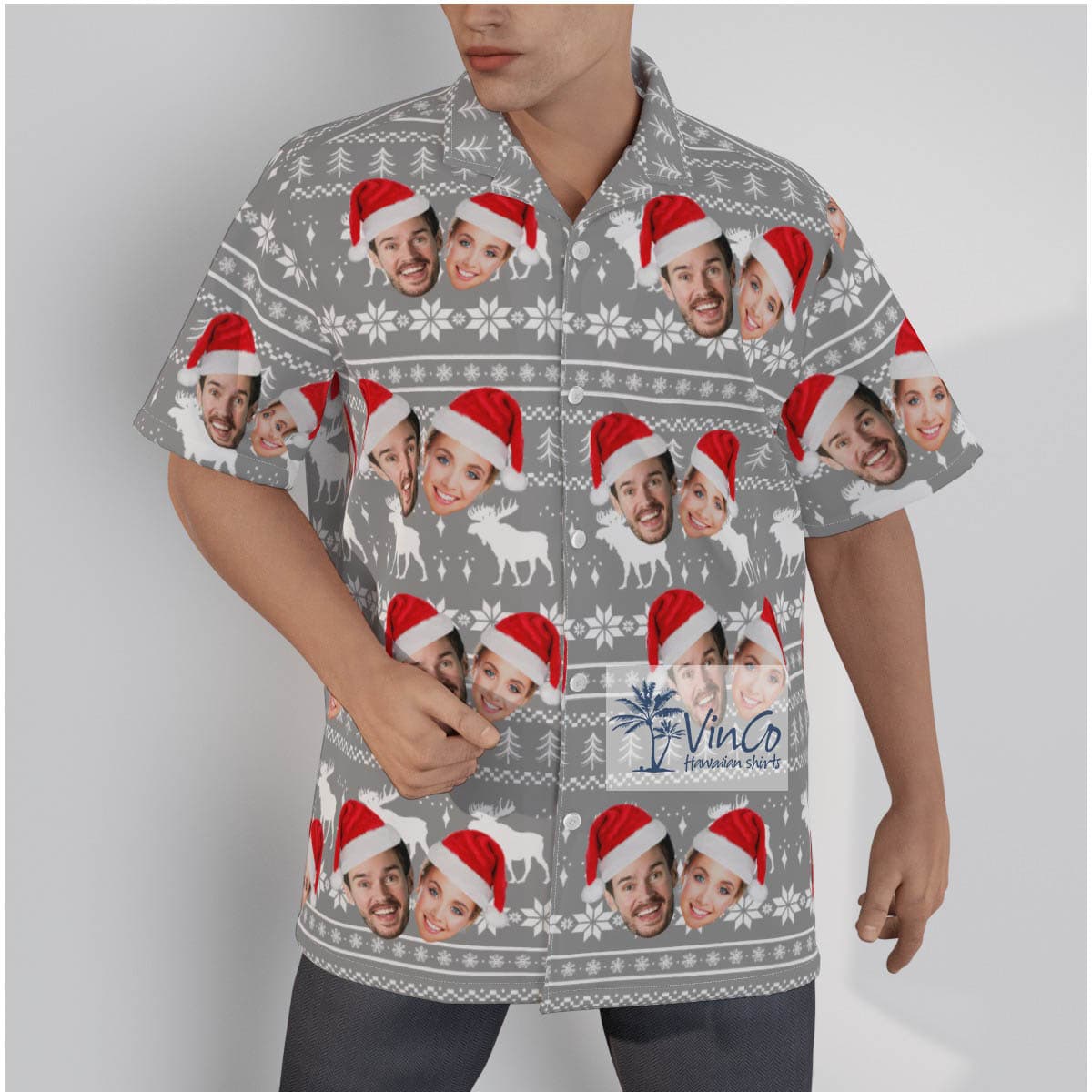 Custom 2 Faces Couple Ugly Christmas Hawaiian Shirt (2)
