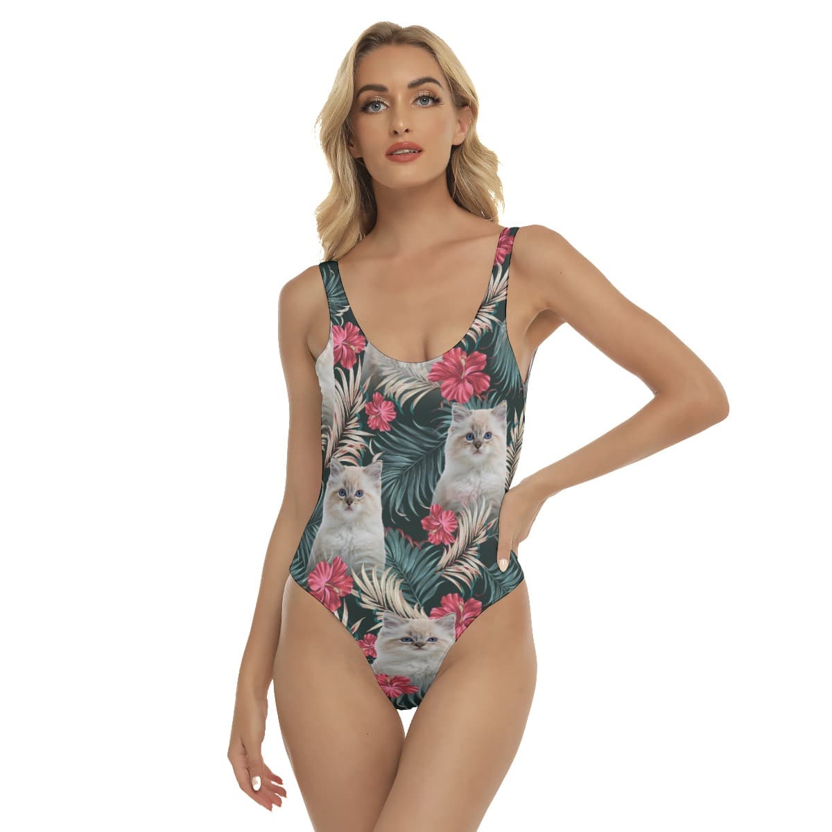 Custom Cat Face Hawaiian One Piece Swimsuit For Women (1)