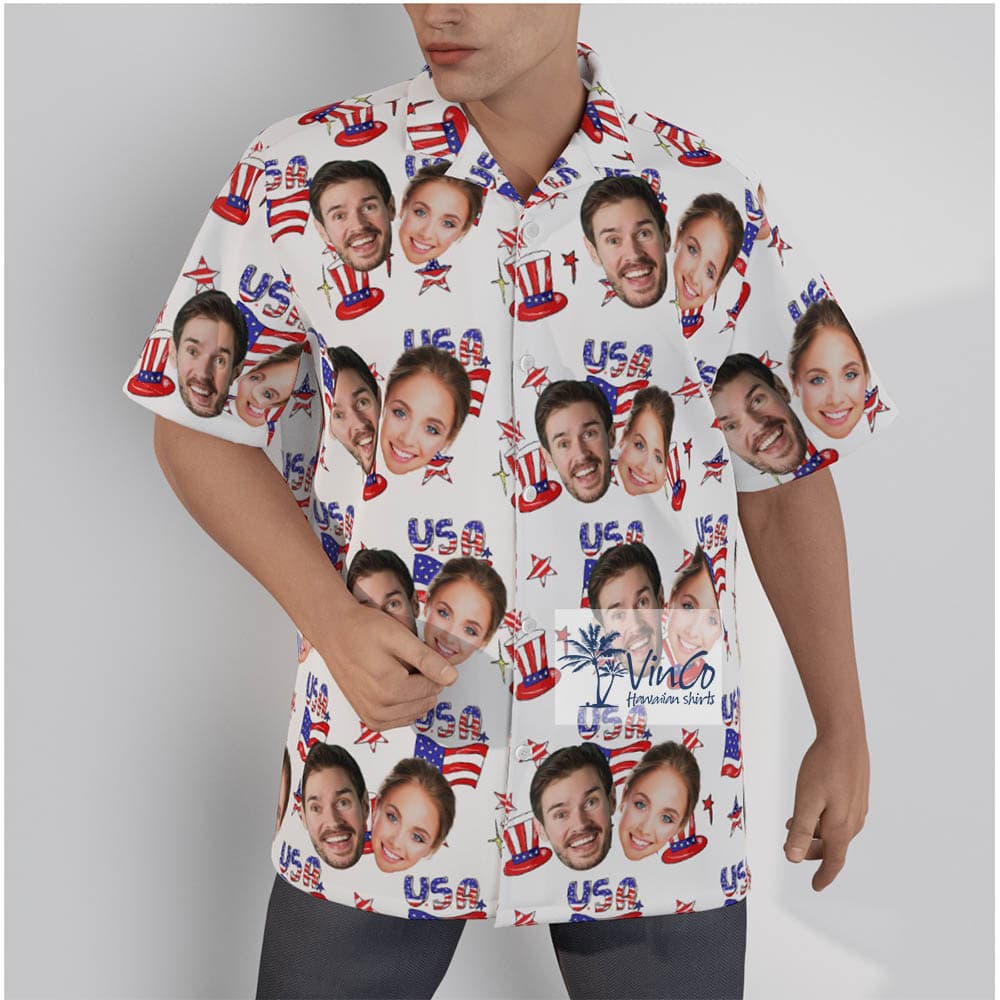 Custom Couple Faces Patriotic Hawaiian Shirt For 4th of July (2)