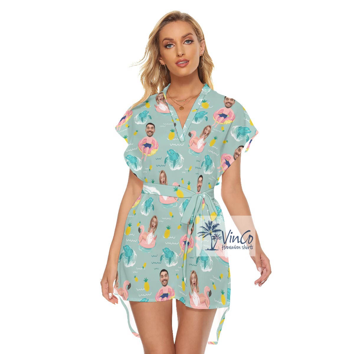 Custom Couple Faces Swimming Pool Flamingo Float Hawaiian Dress (2)