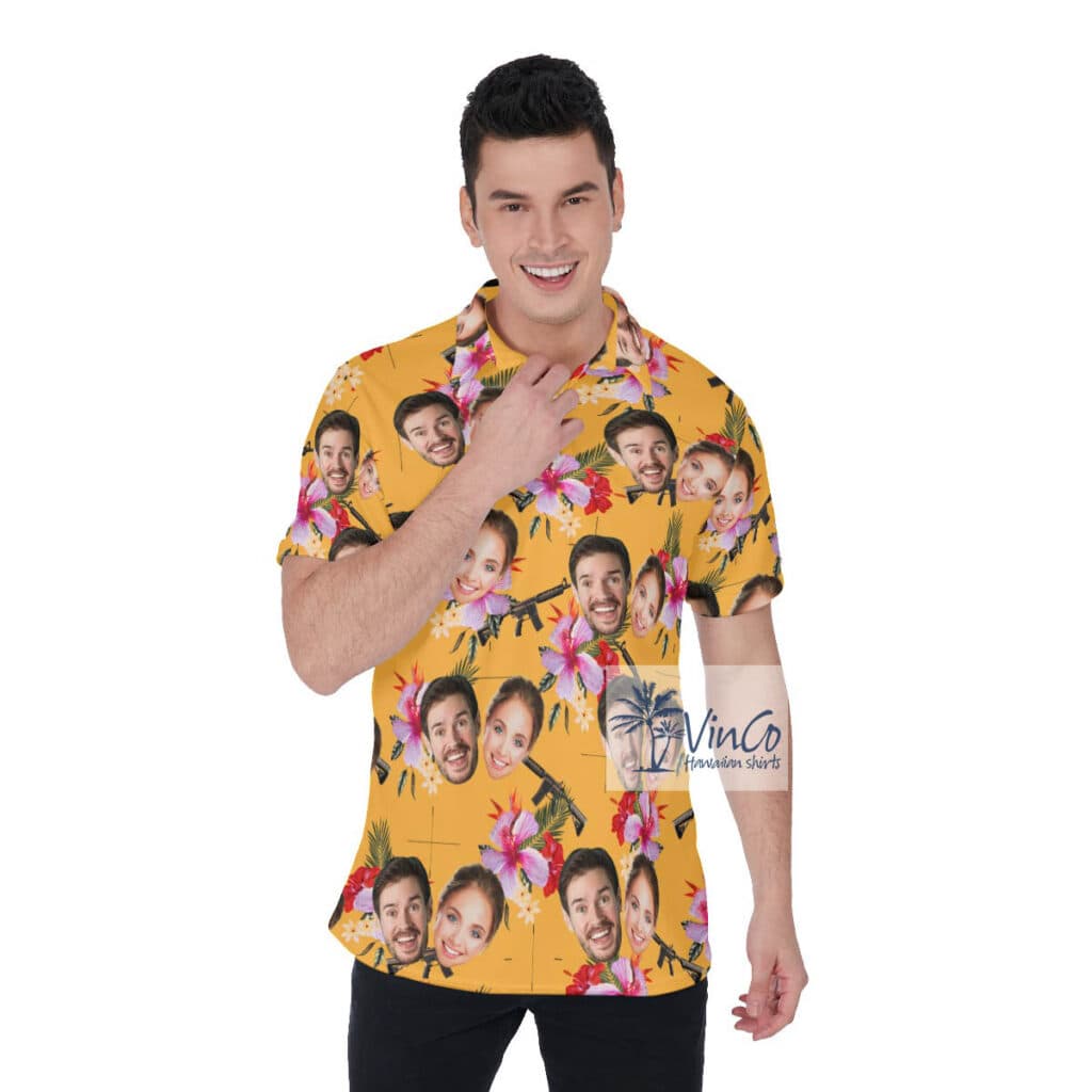 Custom Couple Faces Yellow Gun Hawaiian Polo Shirt
