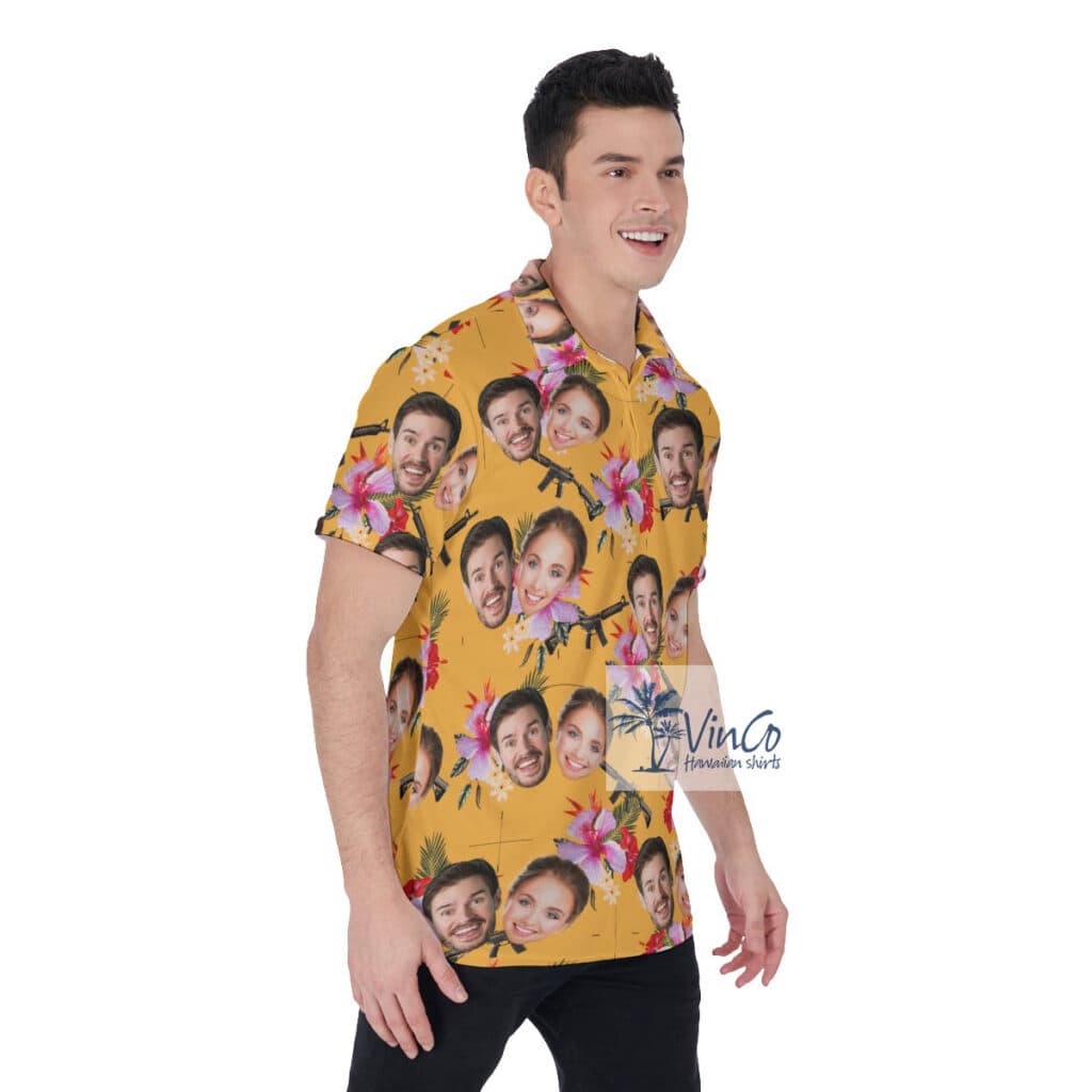 Custom Couple Faces Yellow Gun Hawaiian Polo Shirt