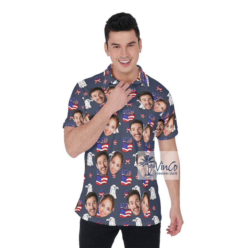 Custom Couple Navy Patriotic Hawaiian Shirt (2)