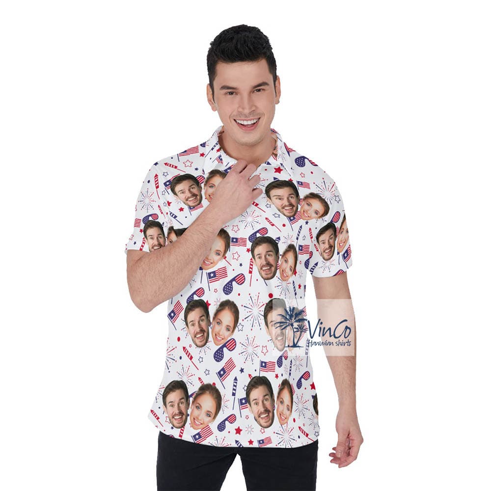 Custom Couple Picture 4th Of July Hawaiian Polo Shirt For Men (2)