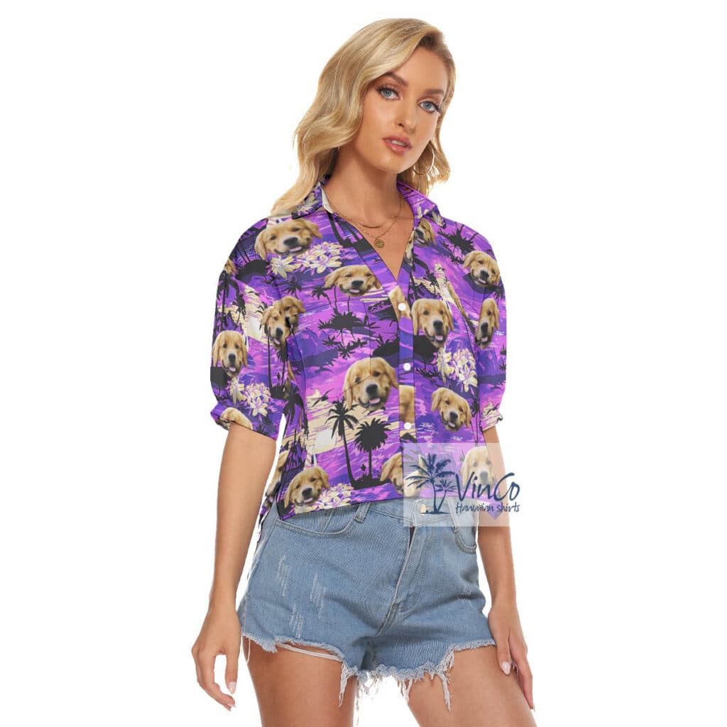 Custom Dog Face Aloha Crop Top Shirt Tropical Beach Scene