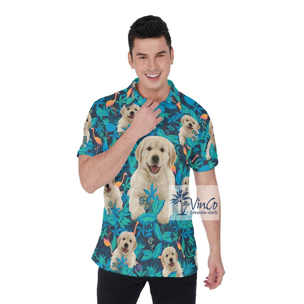 Custom Dog Face Flamingo Hawaiian Golf Shirt For Men