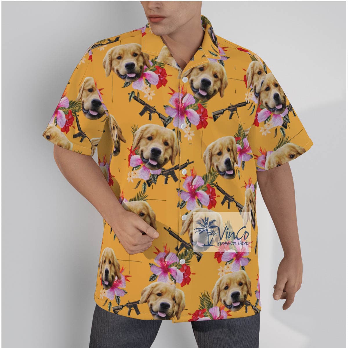 Custom Dog Face Floral Gun Hawaiian Shirt