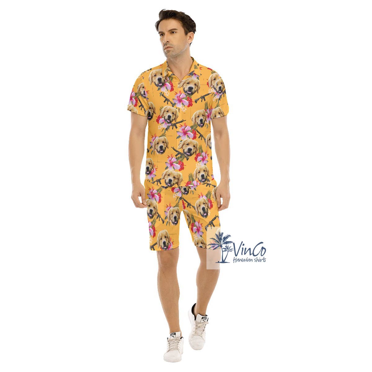 Custom Dog Face Gun Floral Hawaiian Shirt And Matching Shorts For Men