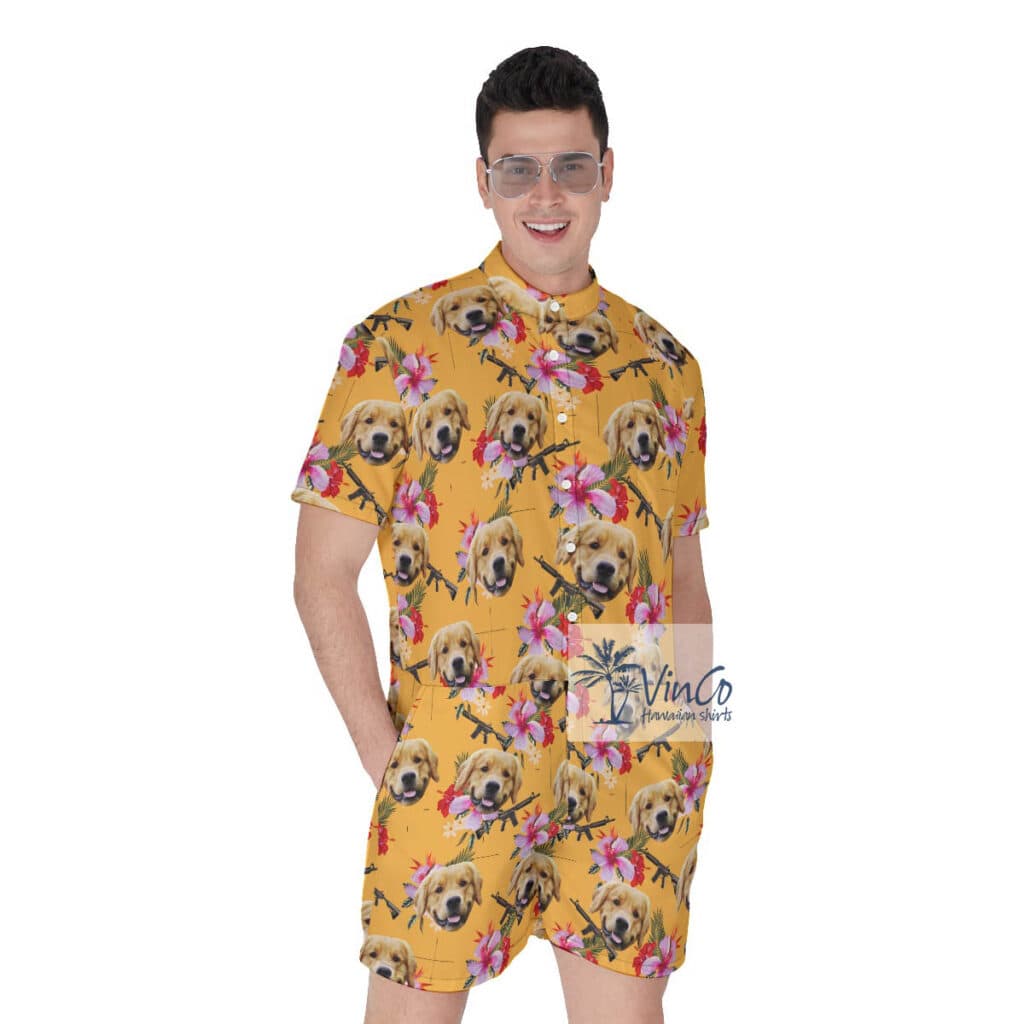 Custom Dog Face Gun Hawaiian Romper For Men