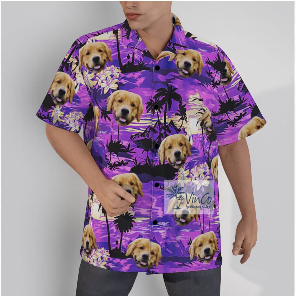 Custom Dog Face Hawaiian Shirt Tropical Sunset Beach