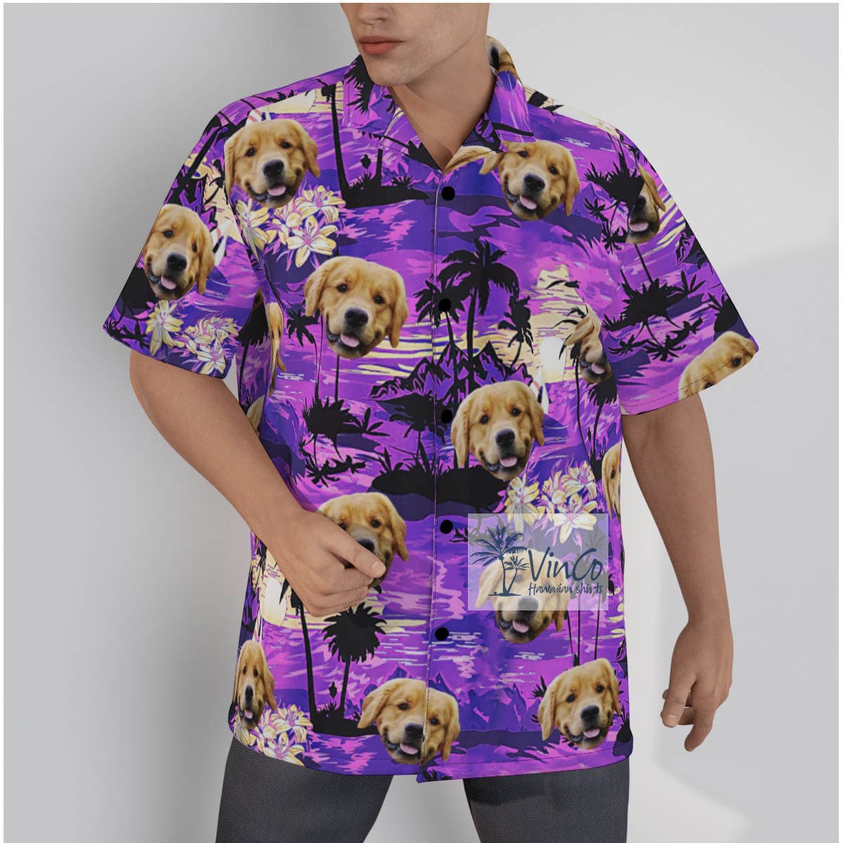 Custom Dog Face Hawaiian Shirt Tropical Sunset Beach