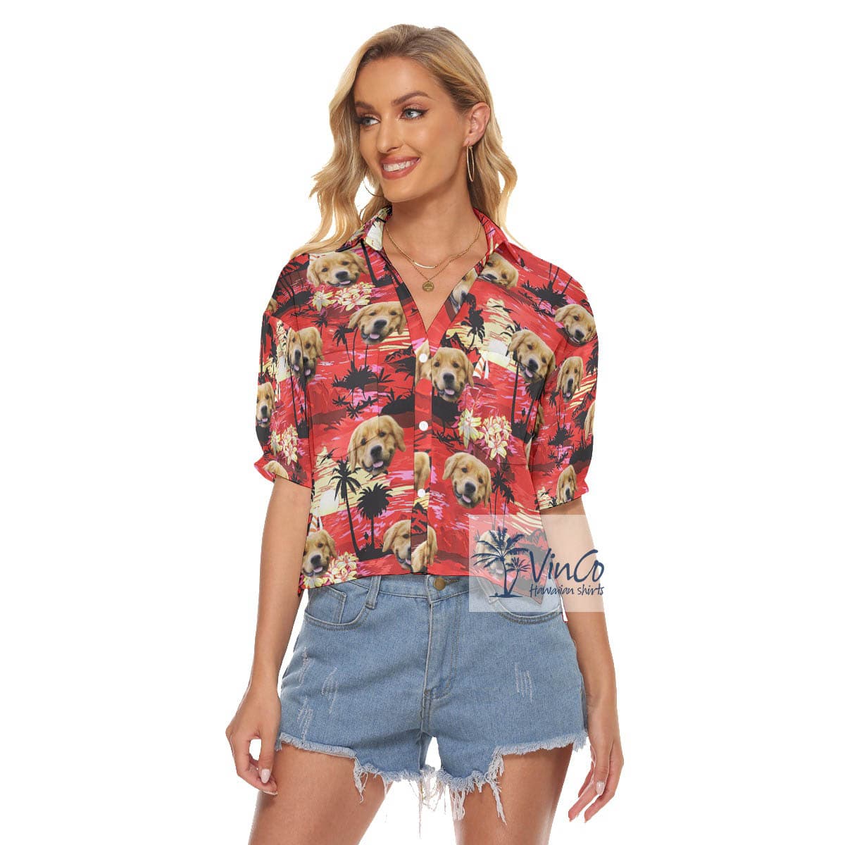 Custom Dog Face Red Sunset Beach Hawaiian V-Neck Shirt For Women
