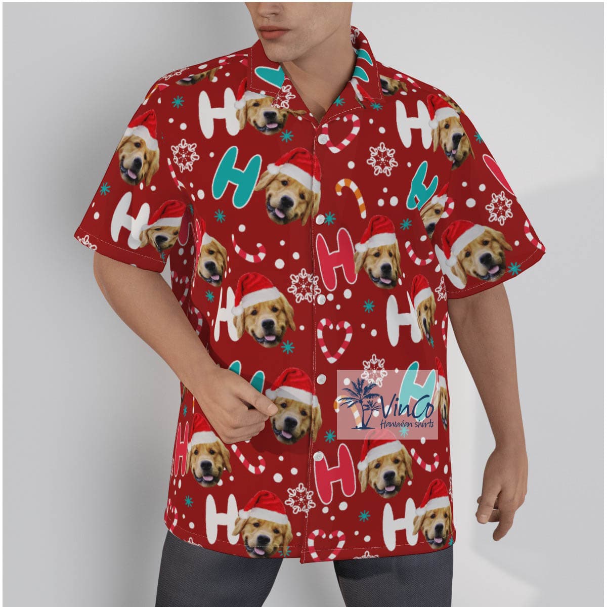 Custom Dog Face Santa Hat Christmas Ho Ho Ho Shirt For Men (3)