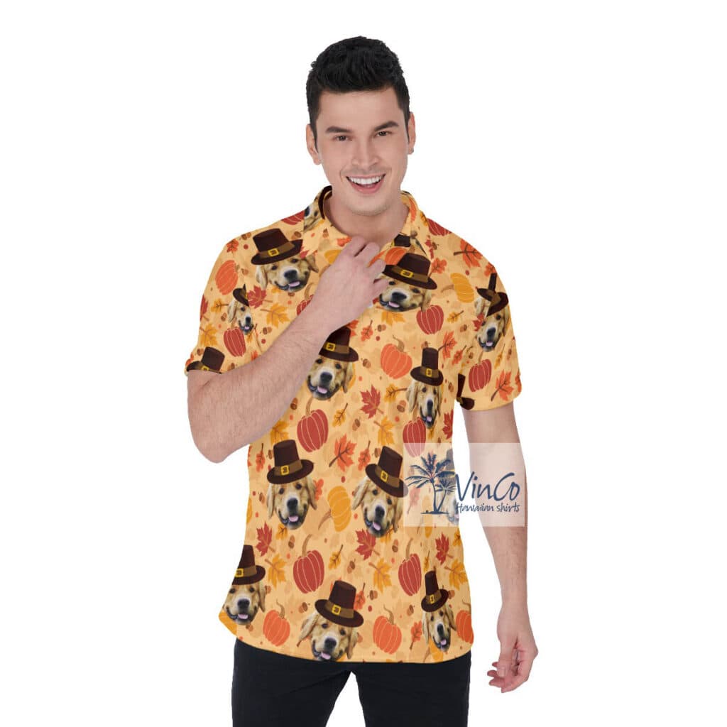 Custom Dog Face Thanksgiving Pumpkins Hawaiian Polo Shirt