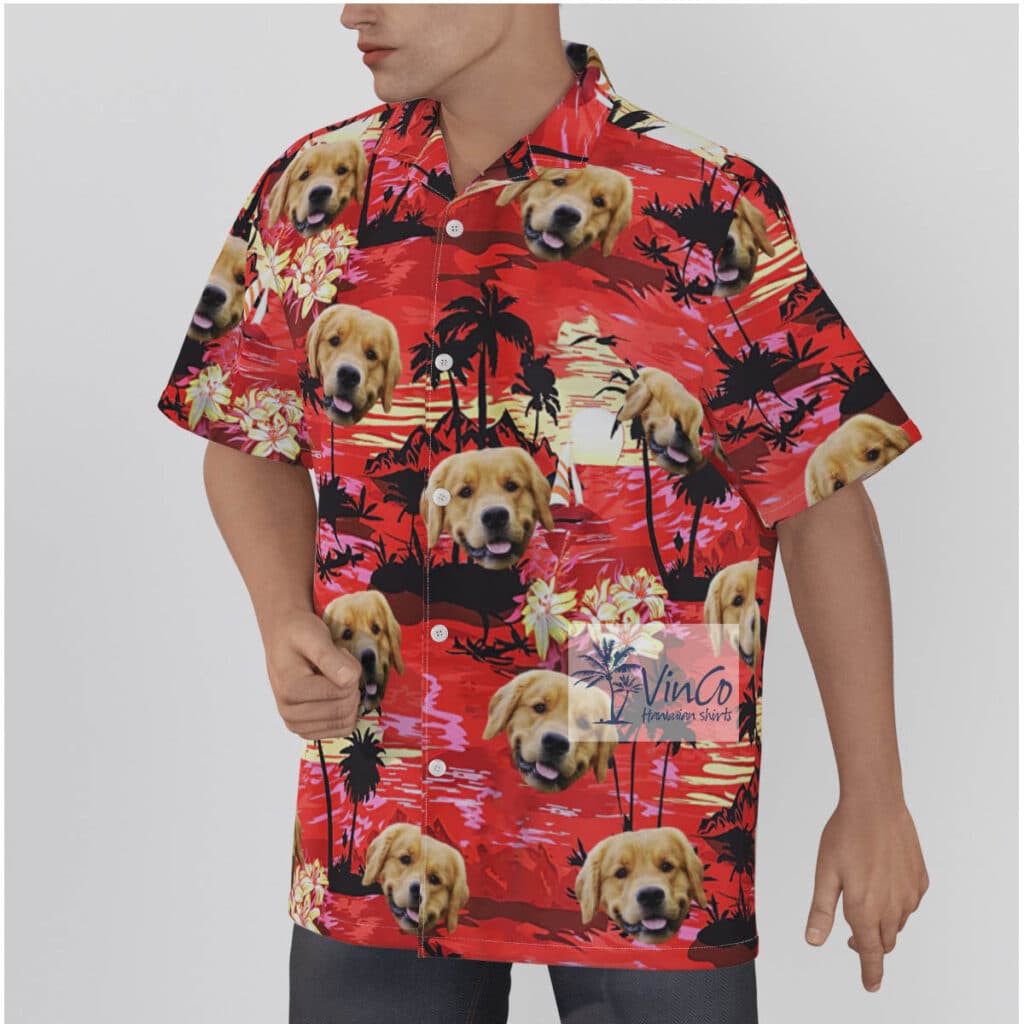 Custom Dog Face Tropical Beach Red Hawaiian Shirt