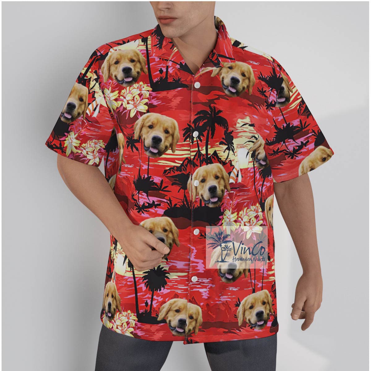 Custom Dog Face Tropical Beach Red Hawaiian Shirt