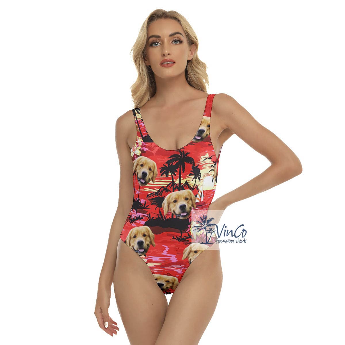 Custom Dog Face Tropical Beach Red Hawaiian Swimsuit For Summer