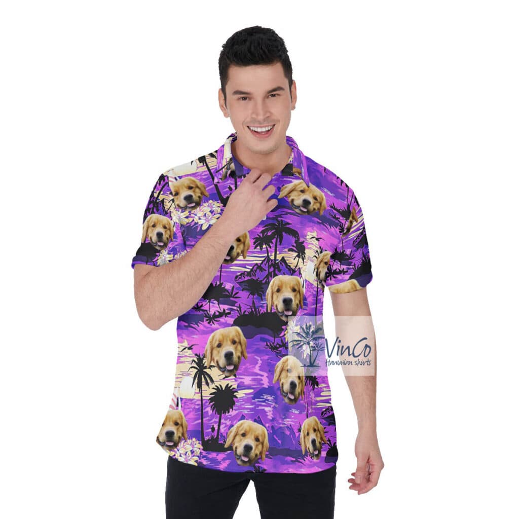 Custom Dog Face Tropical Sunset Beach Hawaiian Golf Shirt