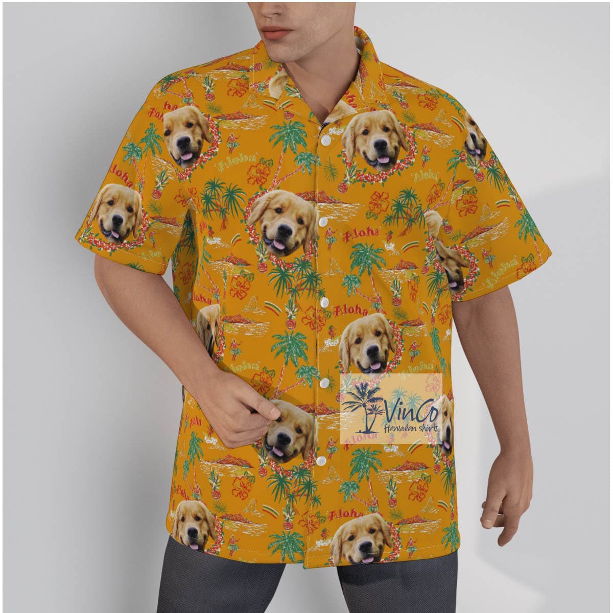 Custom Dog Face Vintage Tropical Island Yellow Hawaiian Shirt