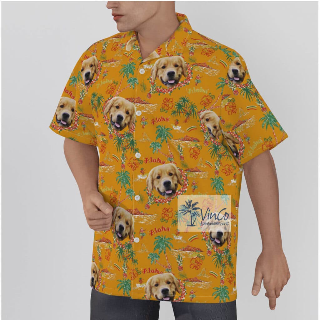 Custom Dog Face Vintage Tropical Island Yellow Hawaiian Shirt