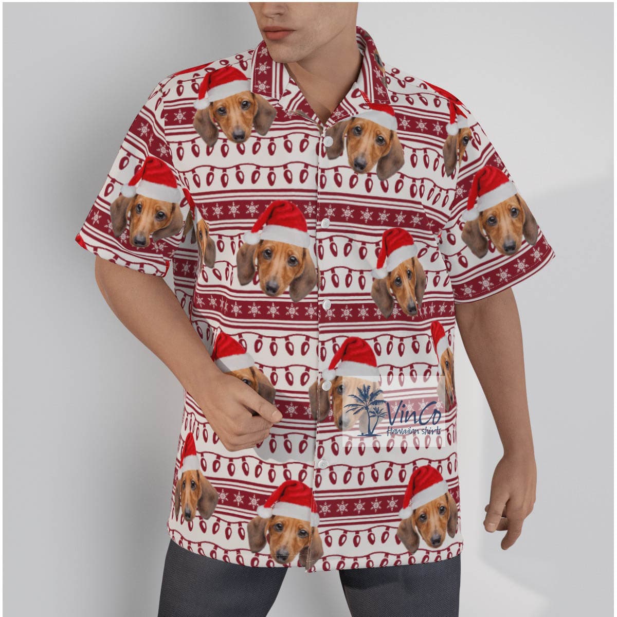 Custom Dog Photo Christmas Lights Hawaiian Button Up Shirt (2)