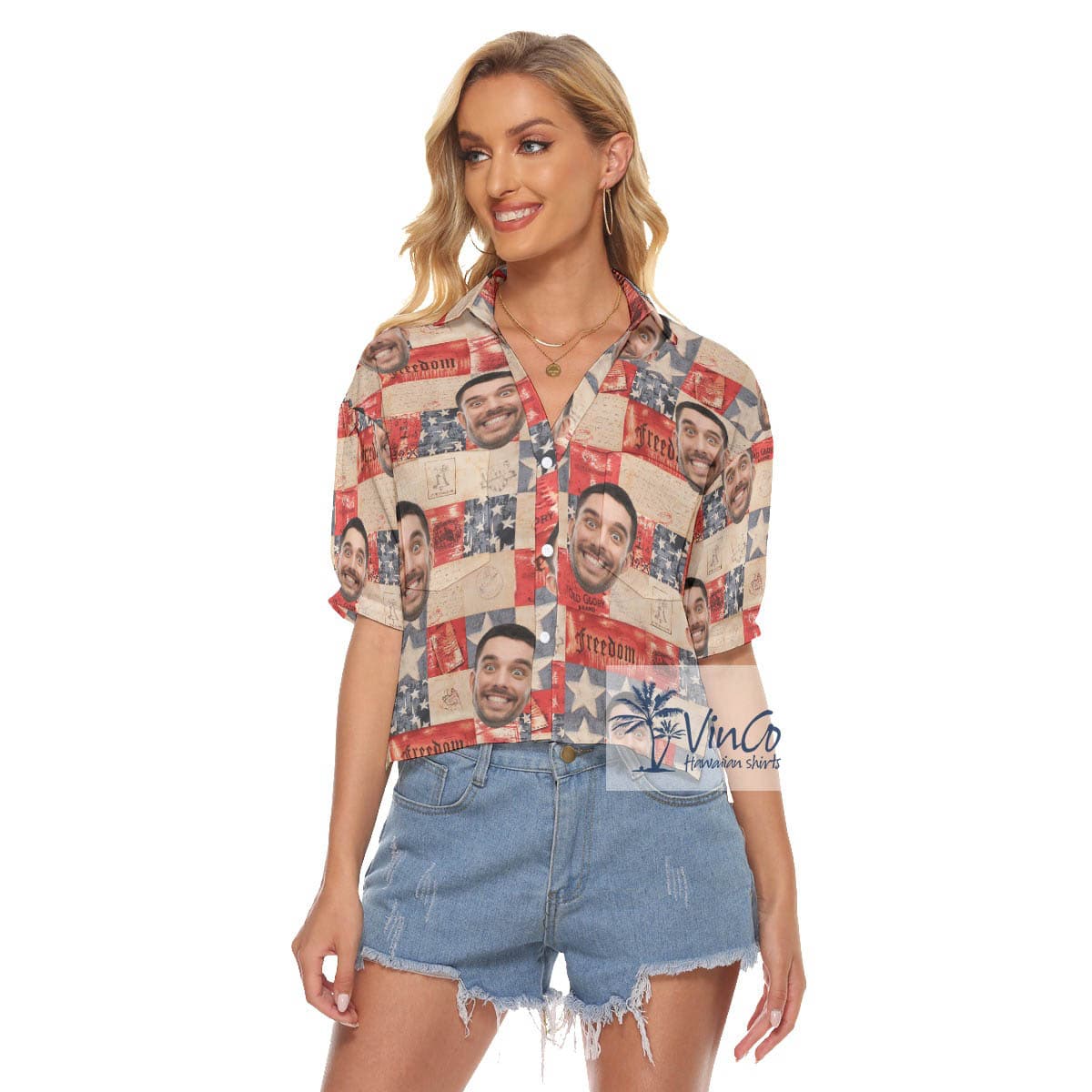Custom Face 4th Of July Hawaiian Cropped Shirt For Women