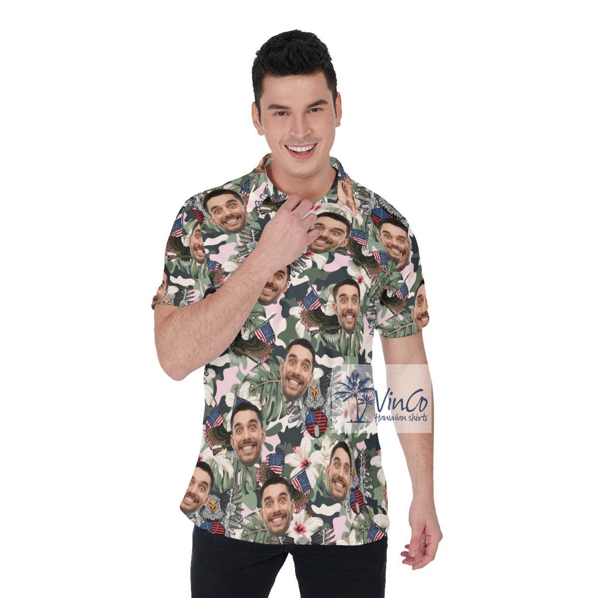 Custom Face American Eagle Hibiscus Hawaiian Polo Shirt