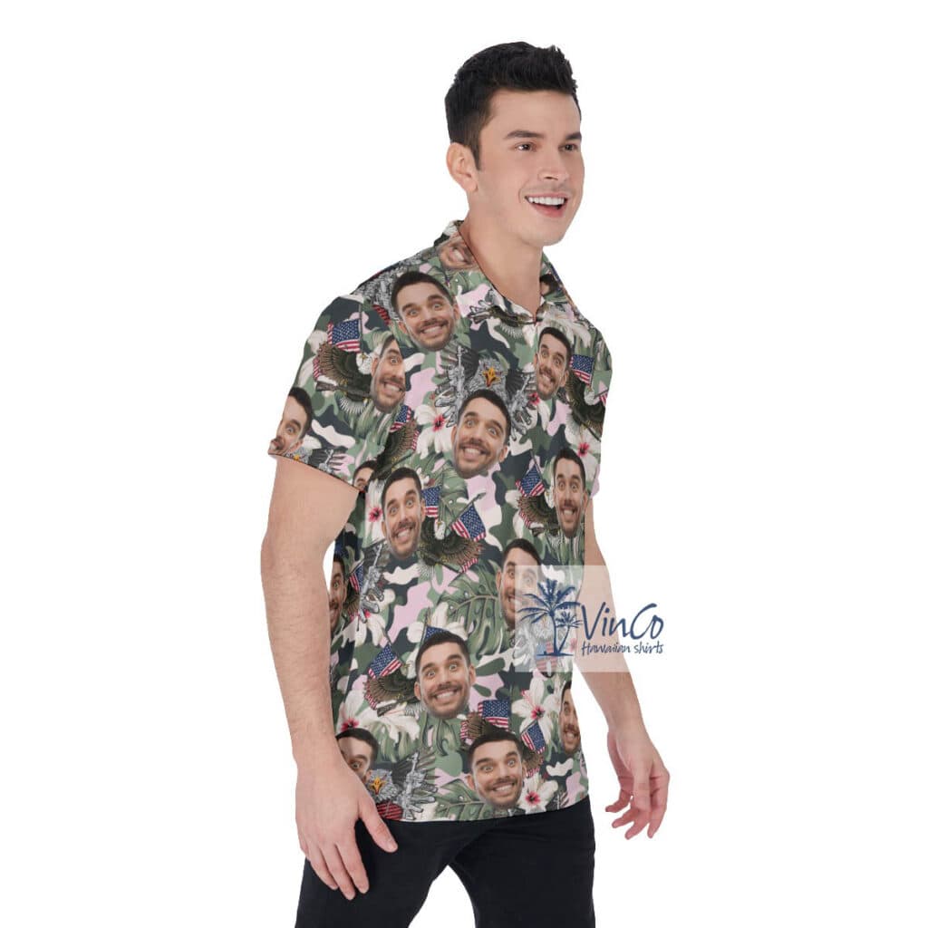 Custom Face American Eagle Hibiscus Hawaiian Polo Shirt