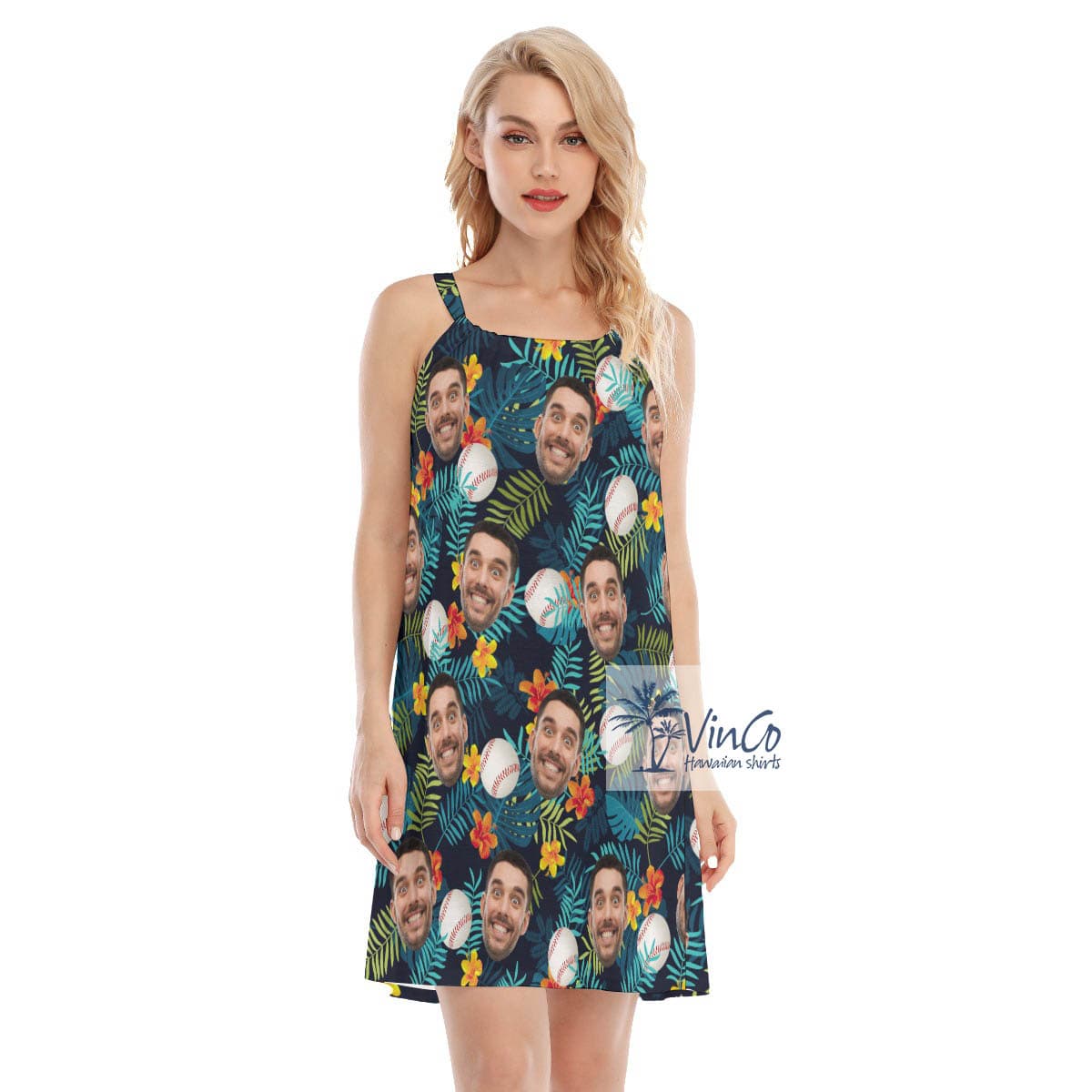Custom Face Baseball Floral Hawaiian Cami Dress (3)