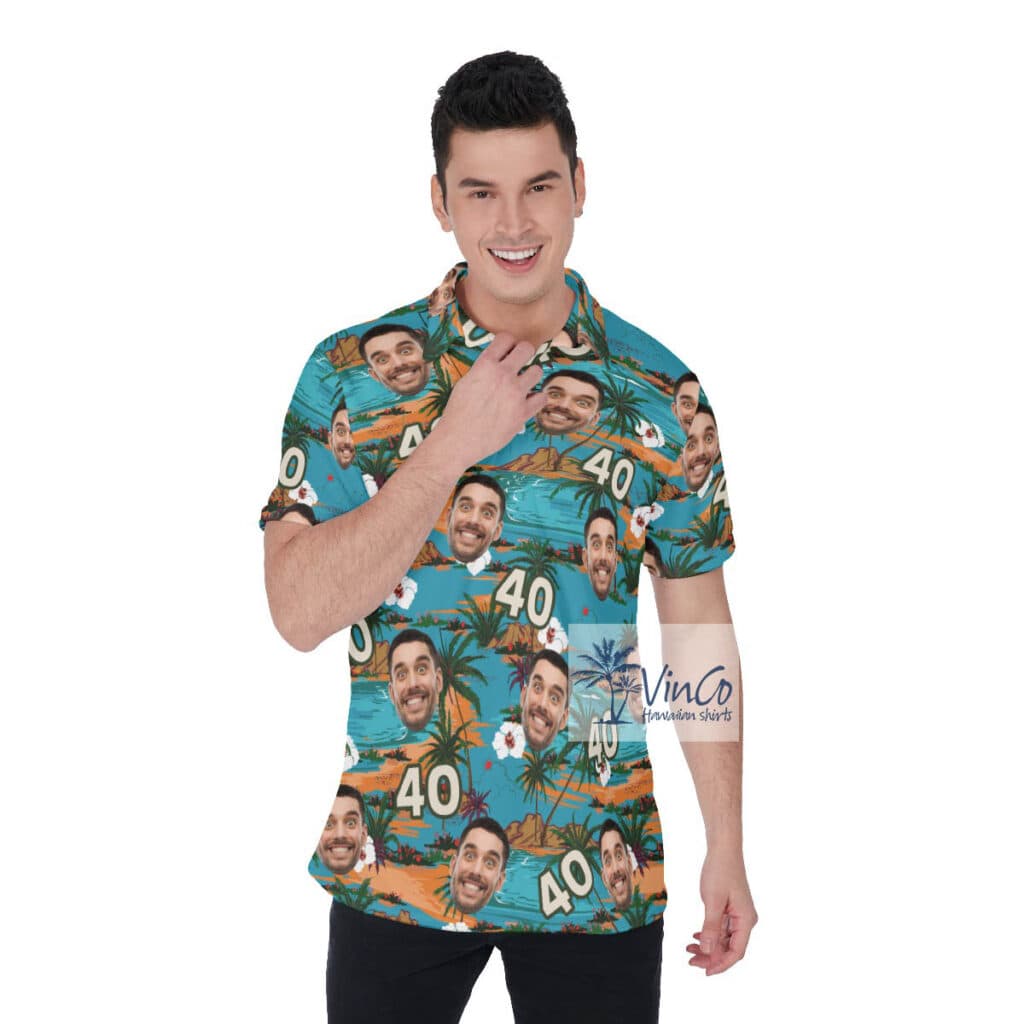 Custom Face Birthday Floral Palm Tree Hawaiian Golf Shirt