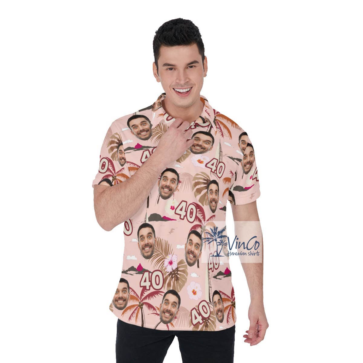 Custom Face Birthday Floral Pink Hawaiian Polo Shirt