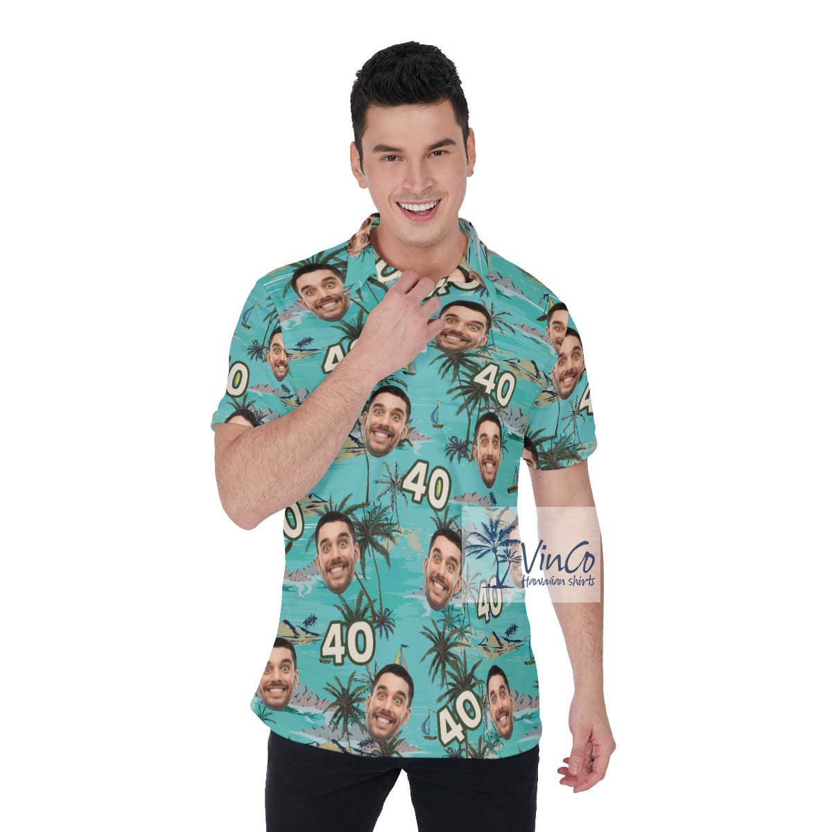 Custom Face Birthday Tropical Palm Trees Hawaiian Polo Golf Shirt