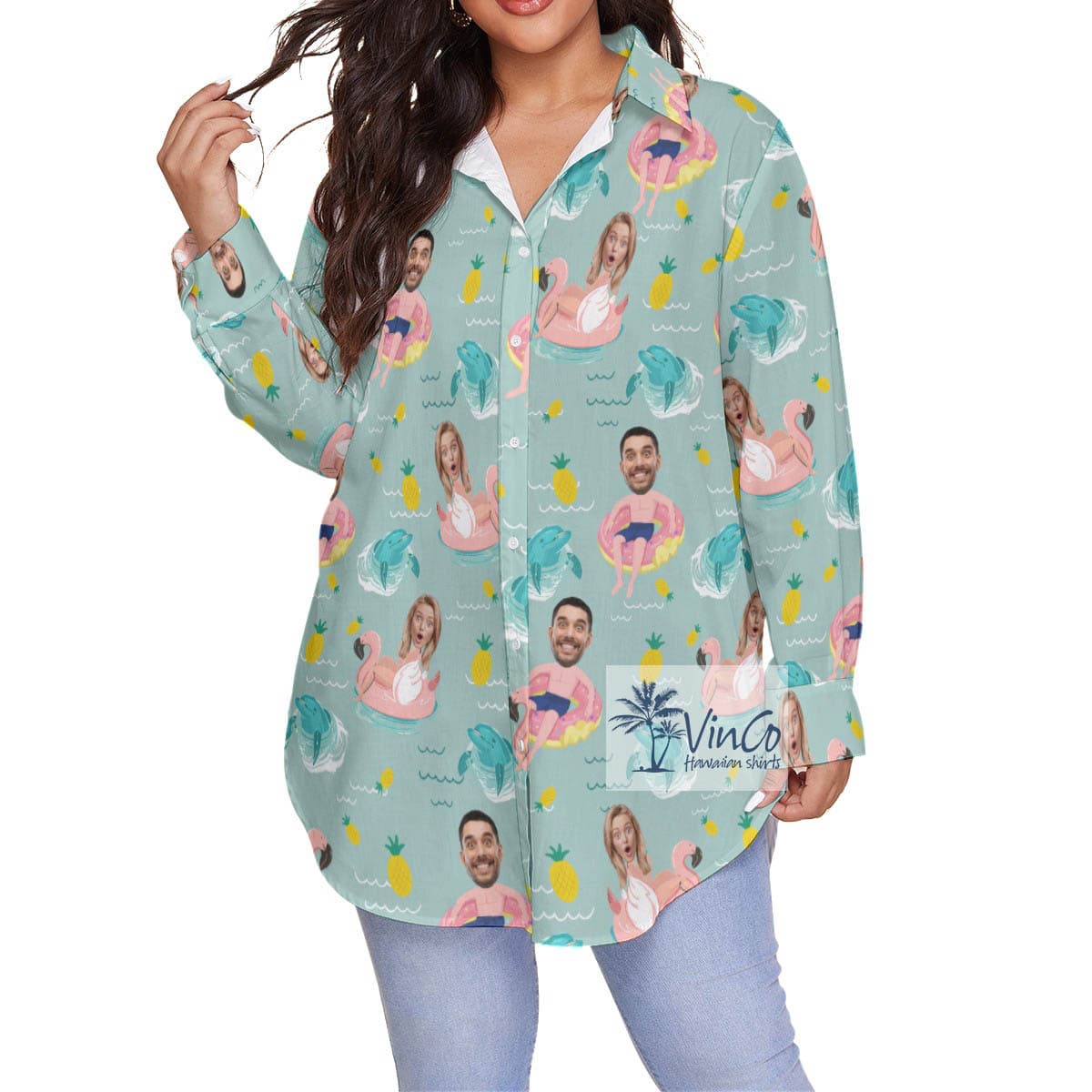 Custom Face Couples Swimming Flamingo Float Oversized Shirt For Women (1)