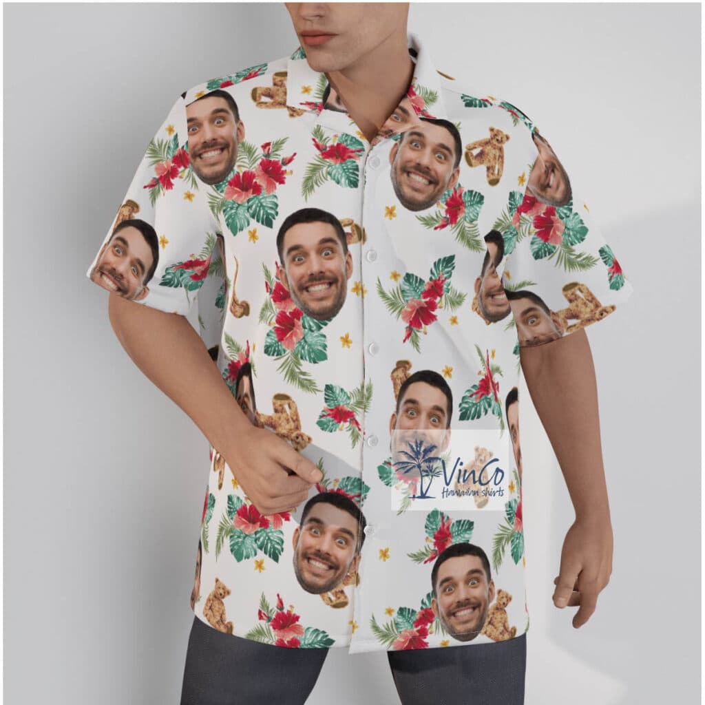 Custom Face Cute Bear Hibiscus Hawaiian Shirt