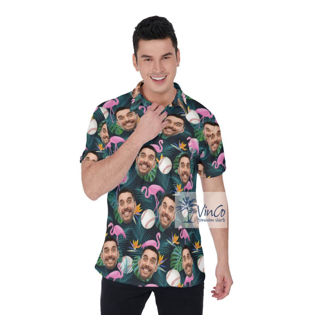 Custom Face Flamingo Hawaiian Polo Shirt For Baseball Lovers