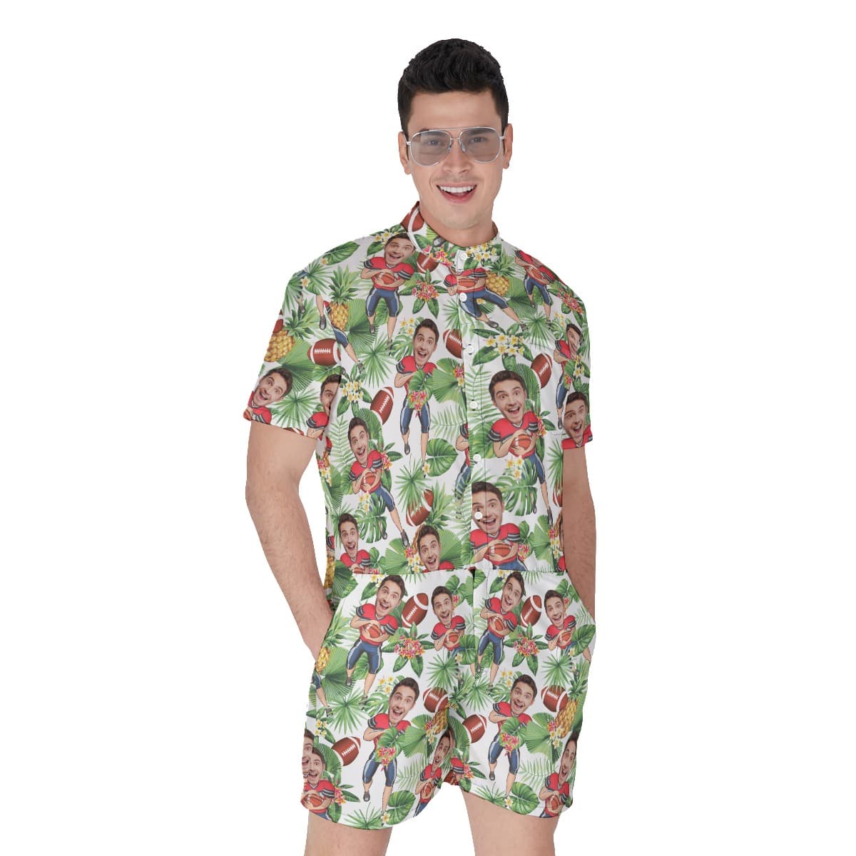 Custom Face Football Player Tropical Romper For Men (1)