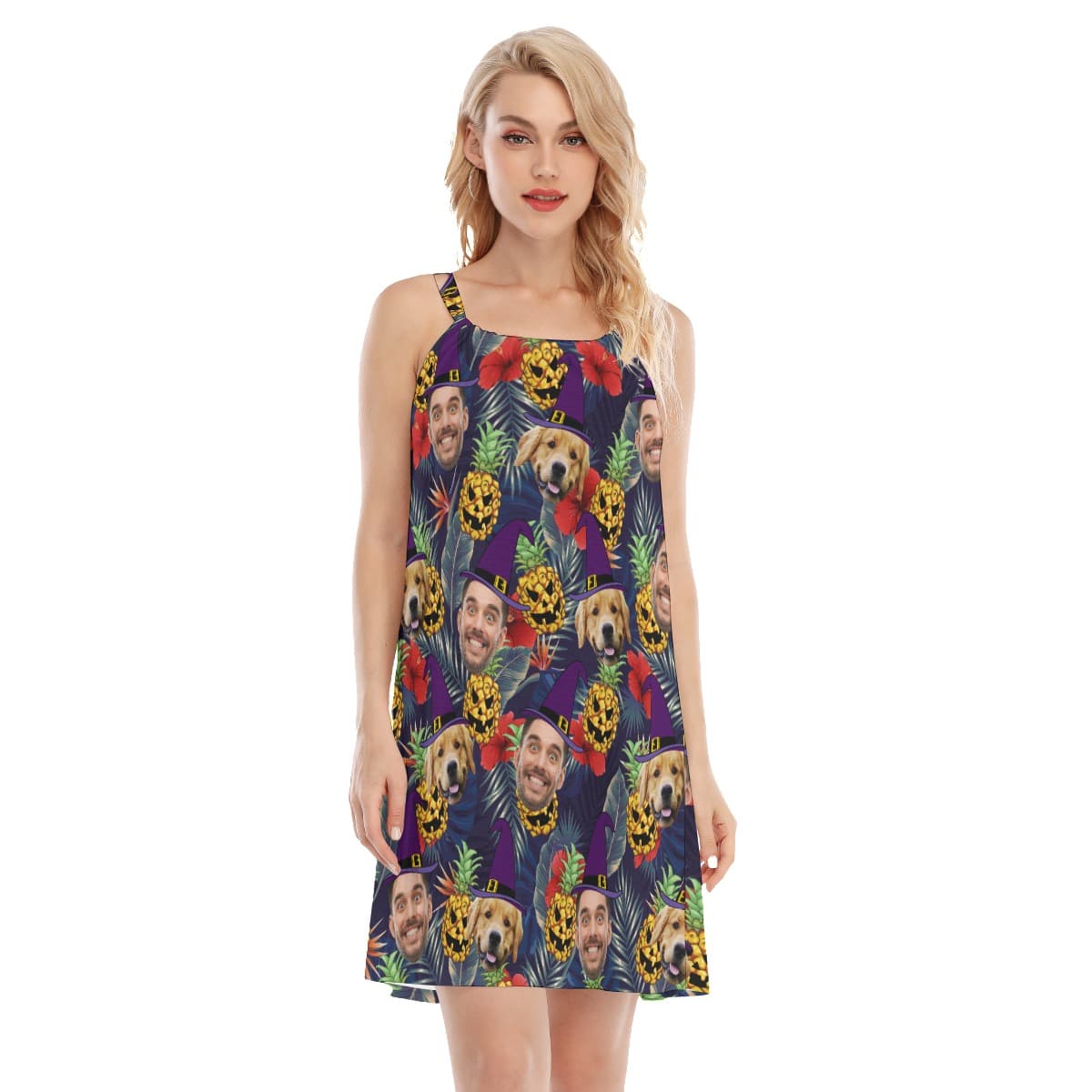 Custom Face Halloween Spooky Pineapple Hawaiian Dress For Women (1)
