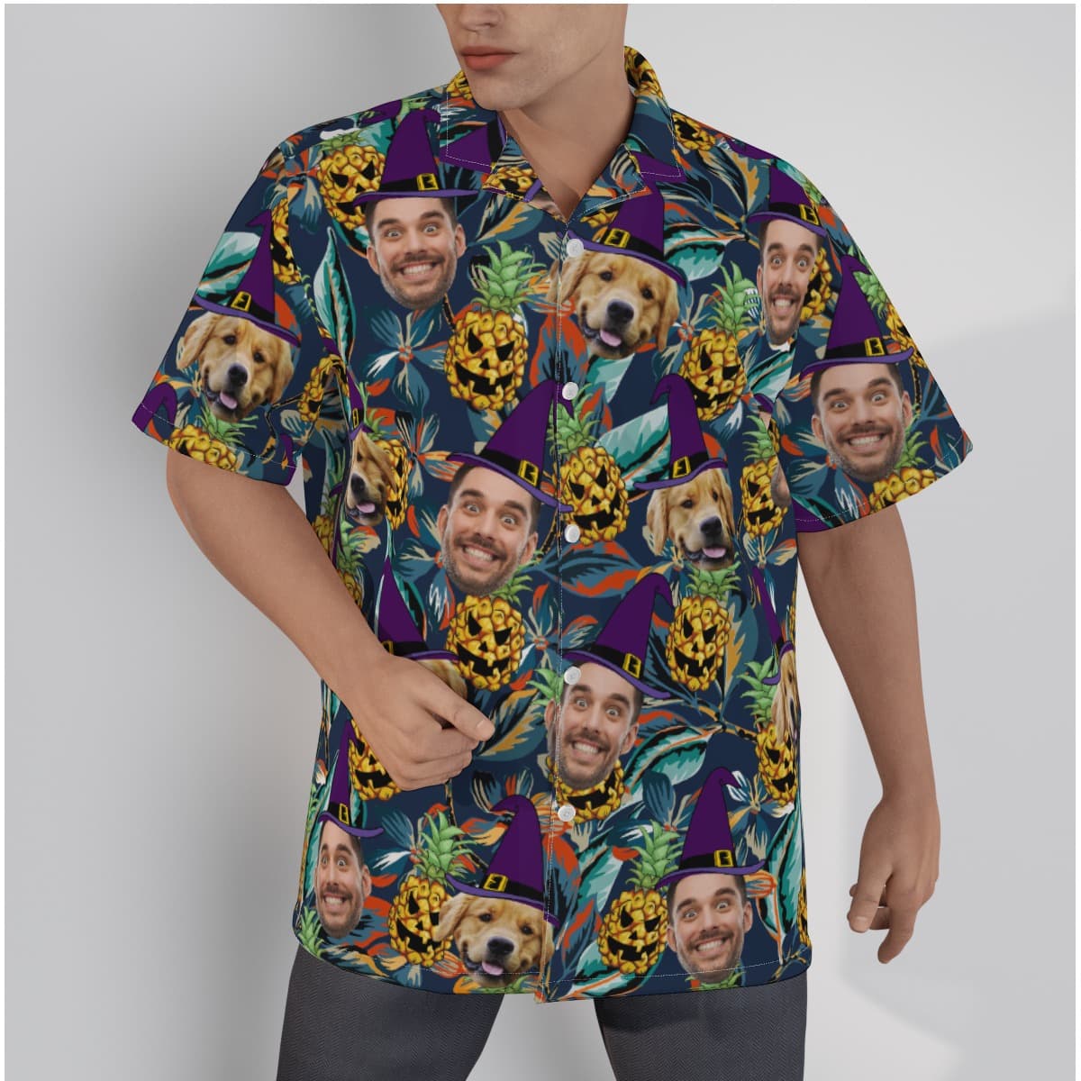 Custom Face Horror Halloween Hawaiian Shirt Witches Hat Spooky Pineapples (1)